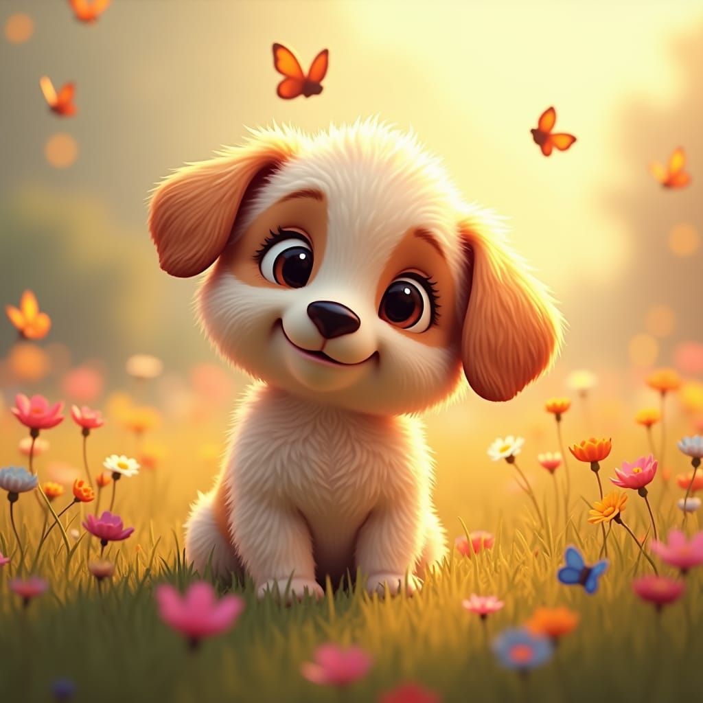 Adorable Puppy in Wildflower Field: Matte Painting