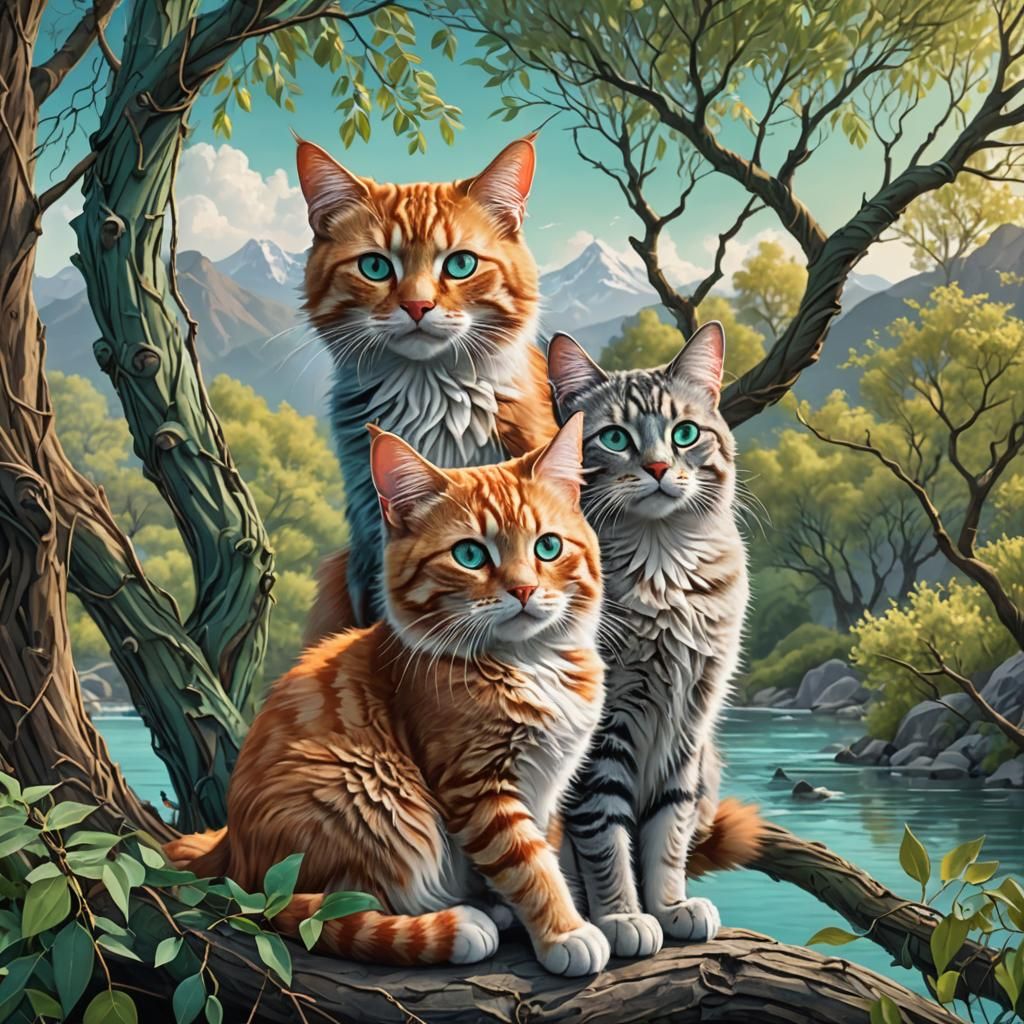 Cats in Willow Tree: Detailed Matte Painting