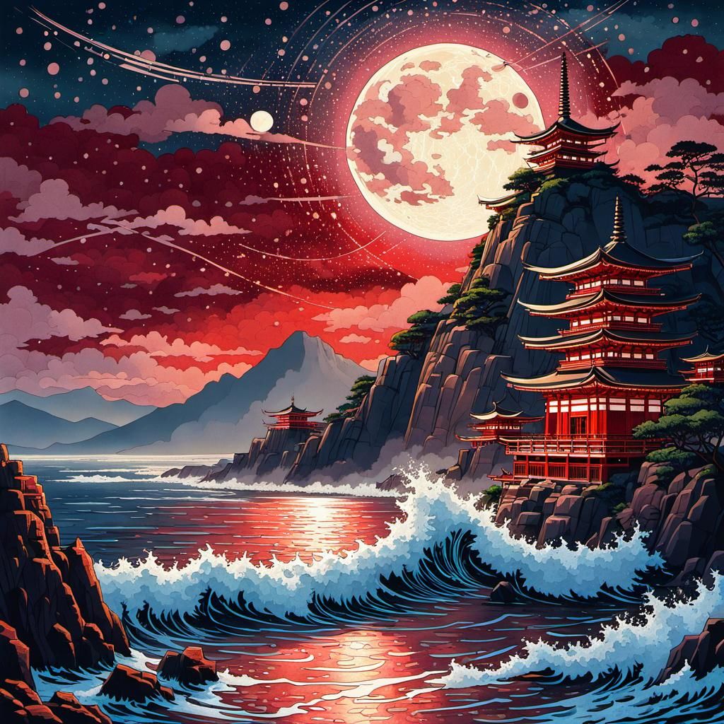 Ukiyo-e Temple Under a Starry Sky