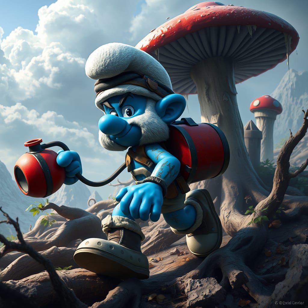 Gritty Smurf Warrior Races Through Ruined Mushroom Fortress