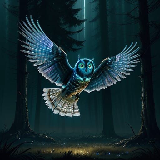 Majestic Iridescent Owl in Flight, Nocturnal Sky