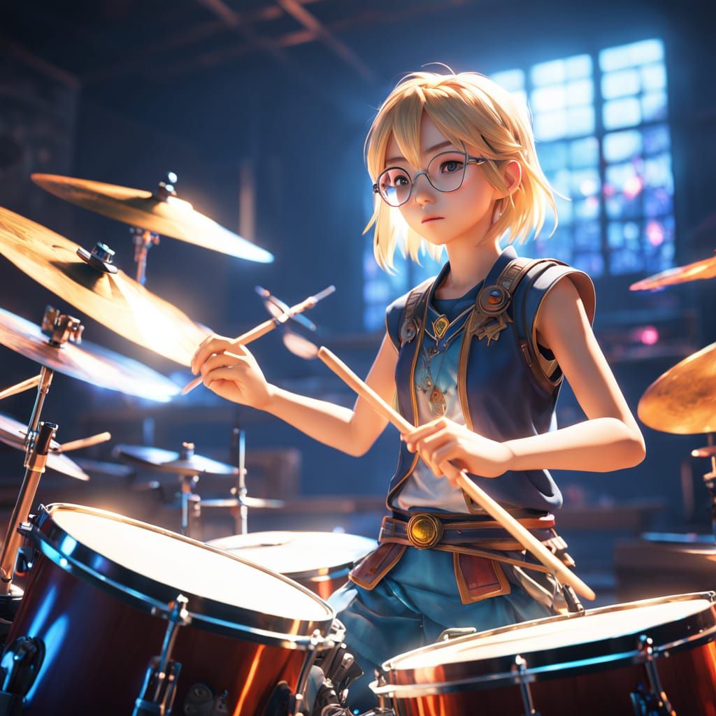 Vibrant Anime Drummer Girl in Neon Lit Music Room