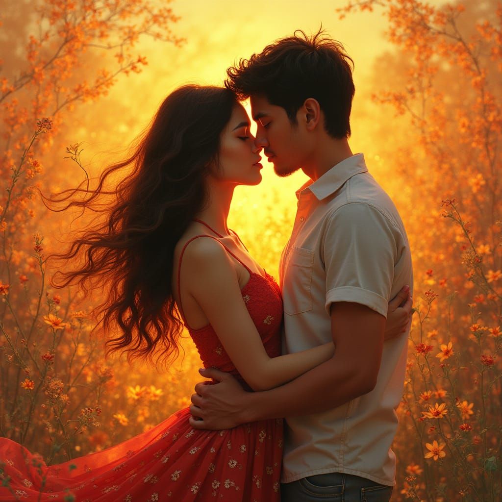 Embracing Couple in Golden Light, Contemporary Art