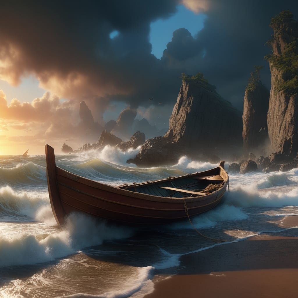Wrecked Rowboat on Rocky Beach with Stormy Seas