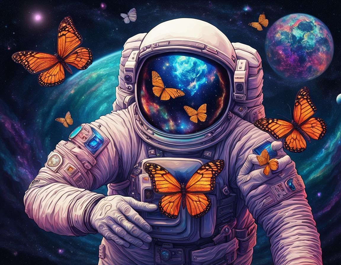 Astronaut and Butterfly: Holographic Astral Illustration
