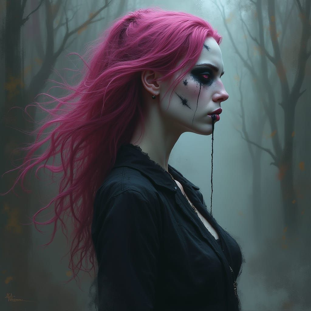Mystical Woman with Pink Hair in Dramatic Lighting
