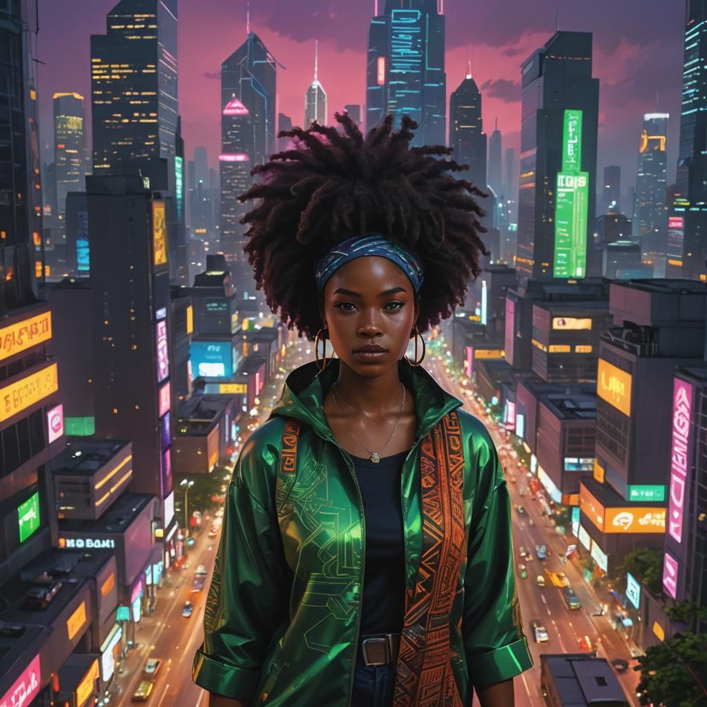 Futuristic African Woman in Neon Cityscape