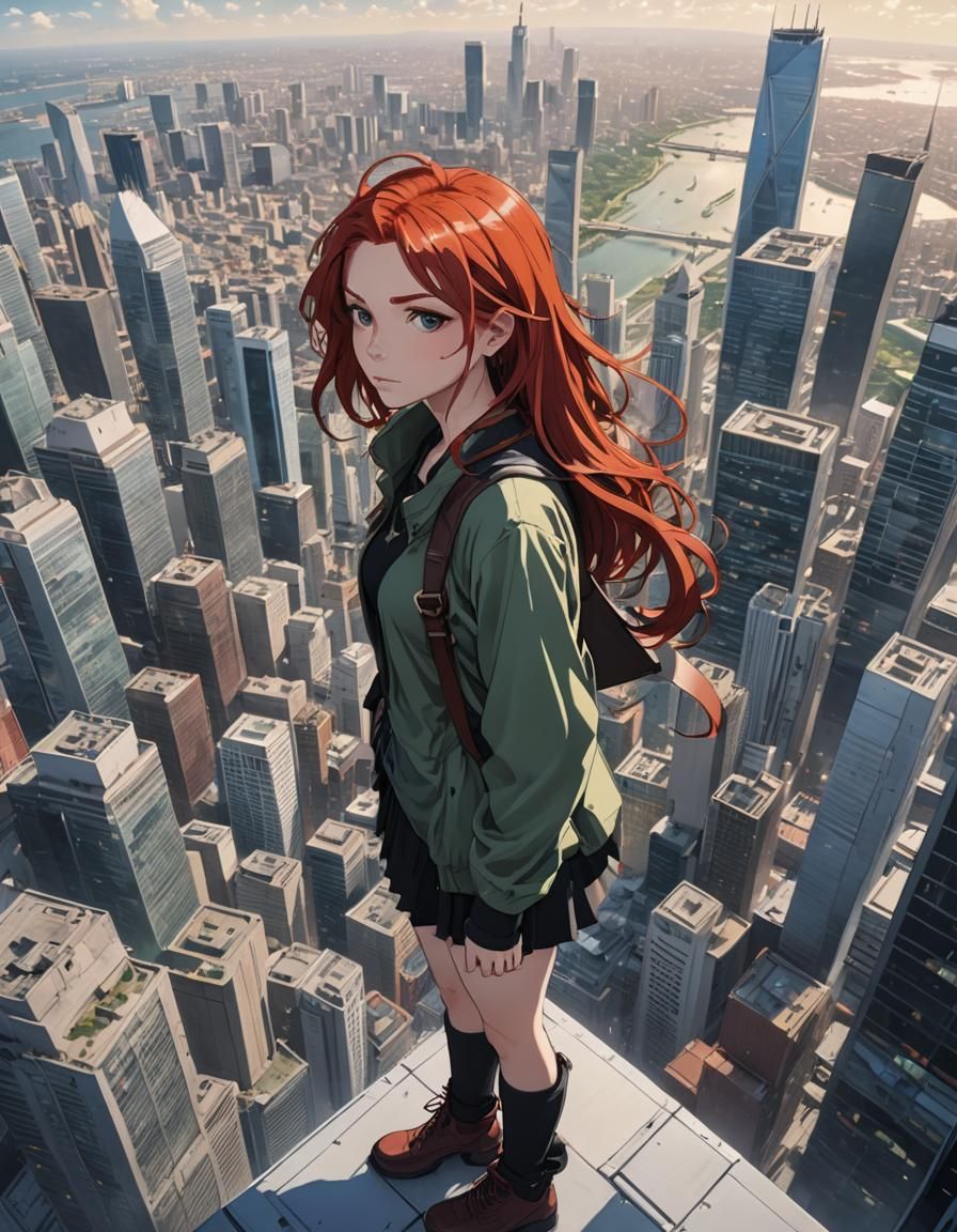Anime Redhead Gazing Over Futuristic City Skyline