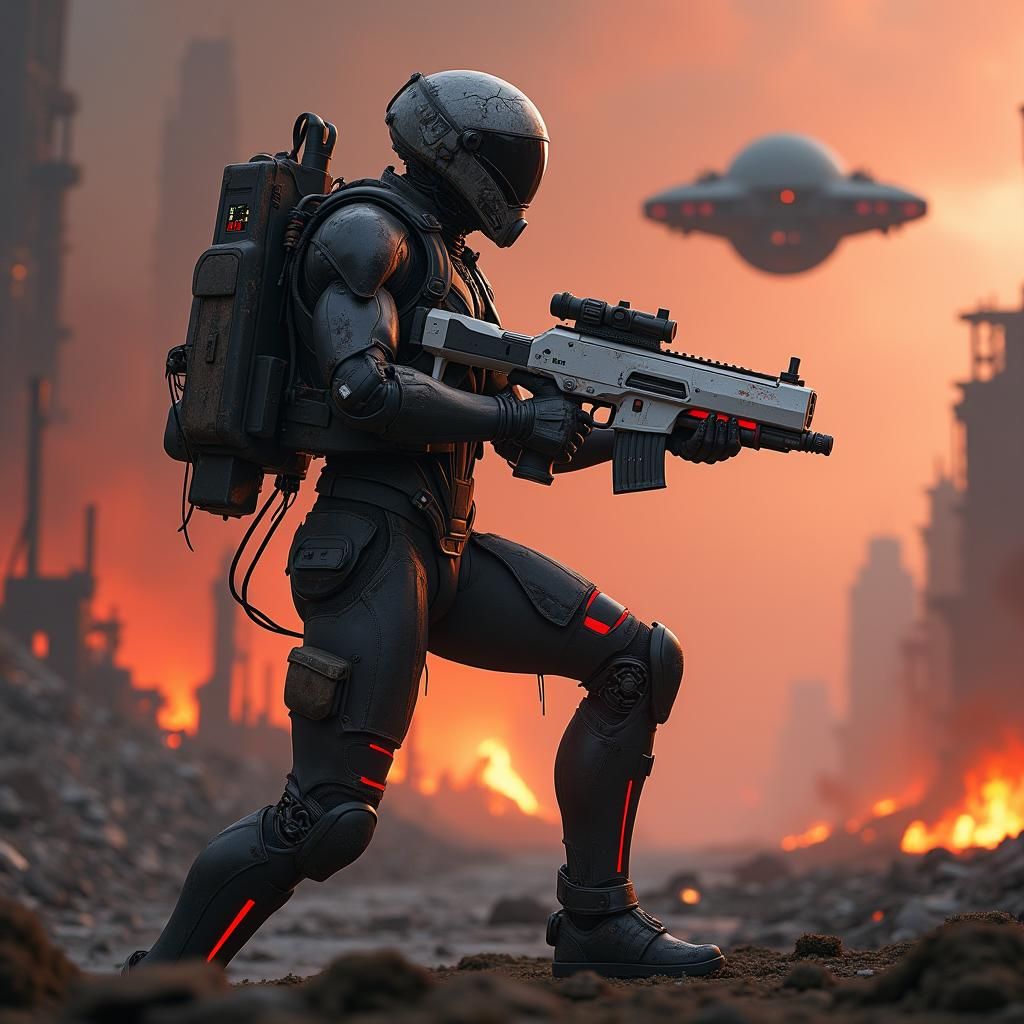 Cybernetic Ranger Reloads in Sci-Fi Wasteland