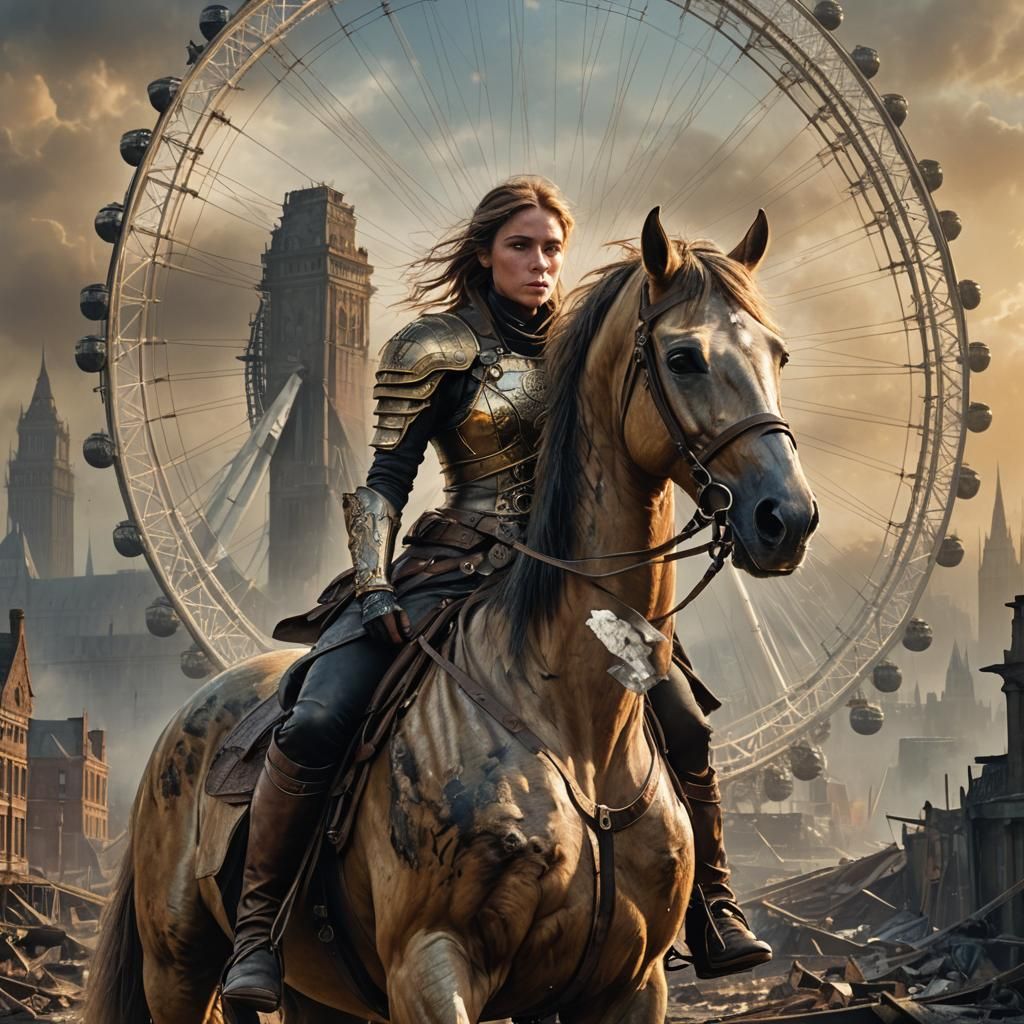 Post-Apocalyptic Rider Gazing at Decayed London Eye