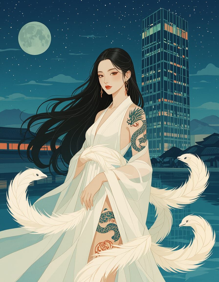 Nine-Tailed Fox Spirit in Retro Cityscape