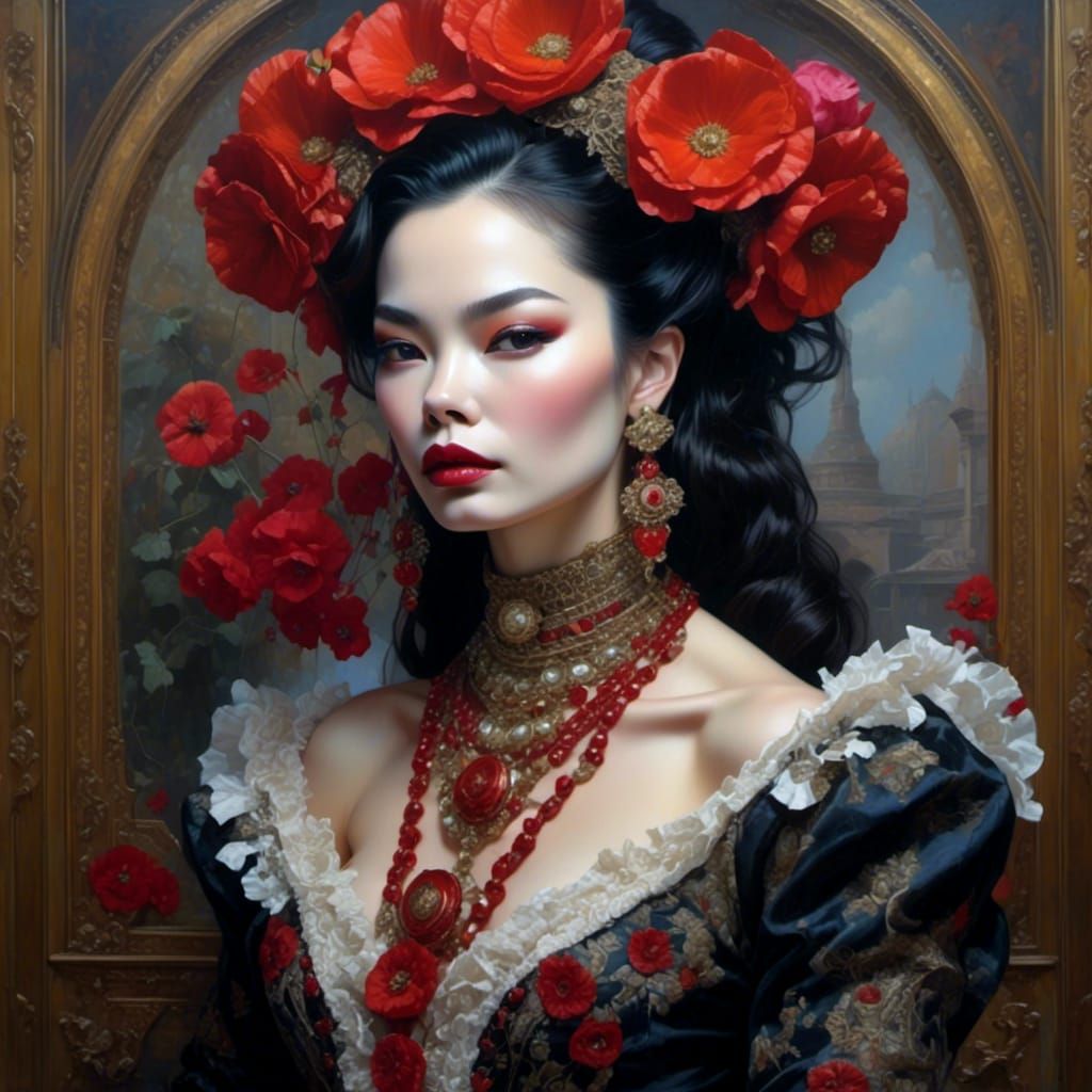 <lora:Beautiful Visions:1.0> A fantasy undead skeletal face Bjork, highly detailed clothes adorned with laces and floral...