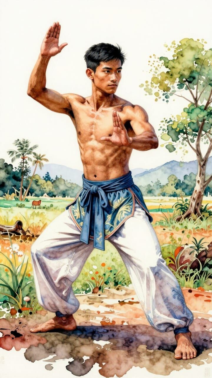 Asian Man Training Tai Chi in Indian Countryside