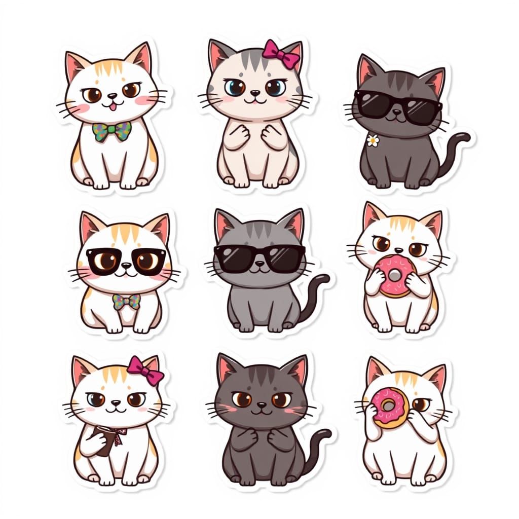 Kawaii Cartoon Cats Stickers in Vector Style
