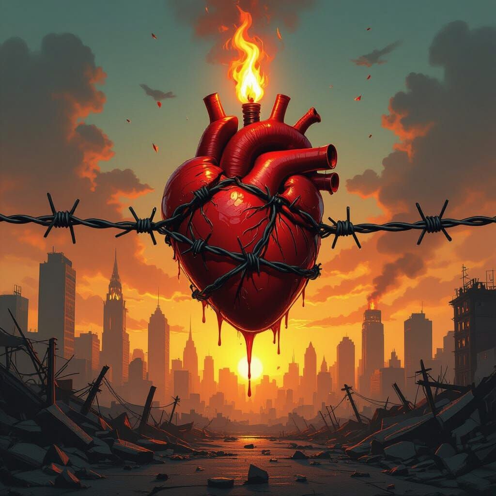 Burning Heart in Ruined City: Retro-Futuristic Art