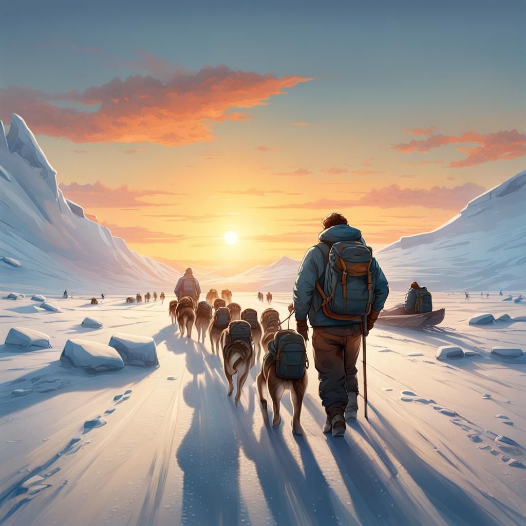Antarctic Explorers with Dog Sleds at Sunset