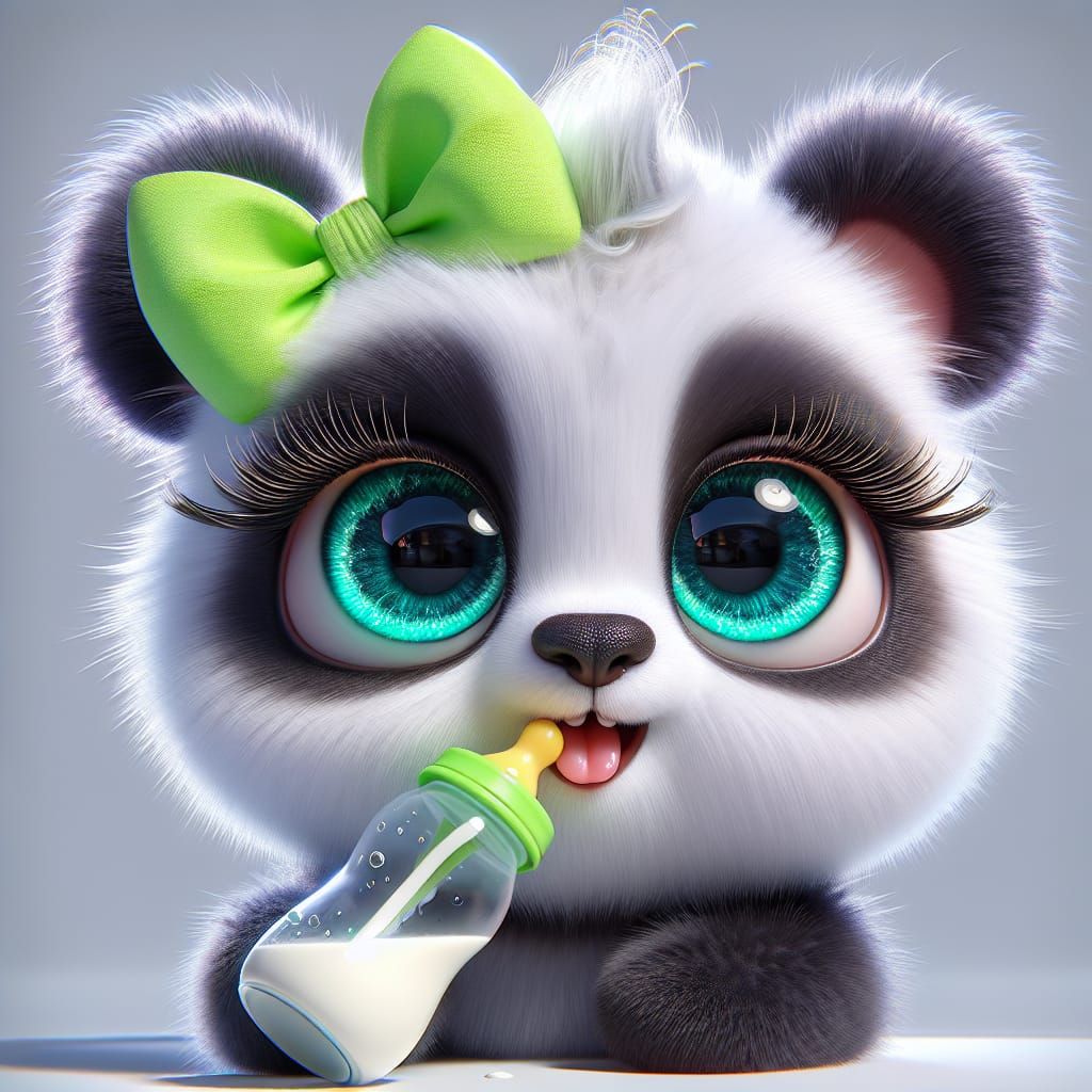 Cute Baby Panda with Milk Bottle in 3D Digital Art
