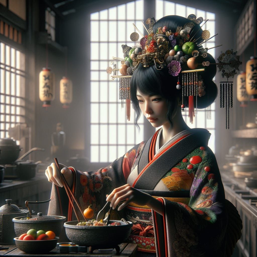 Vibrant Goddess of Japanese Cuisine in a Traditional Kitchen