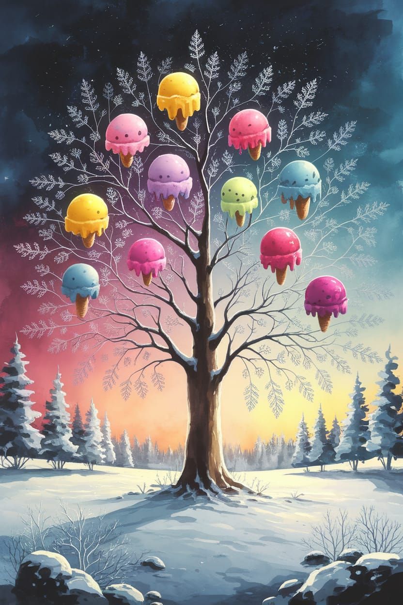In a watercolor and alcohol ink illustration, a majestic tre...