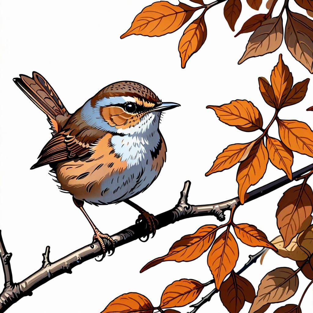 Detailed Ink Drawing of Wren on Autumn Branch