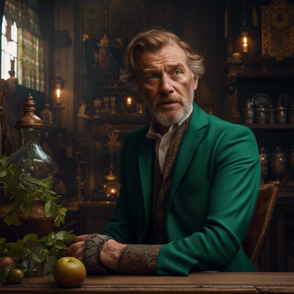 Red Haired Man in Green Suit, Detailed Matte Painting