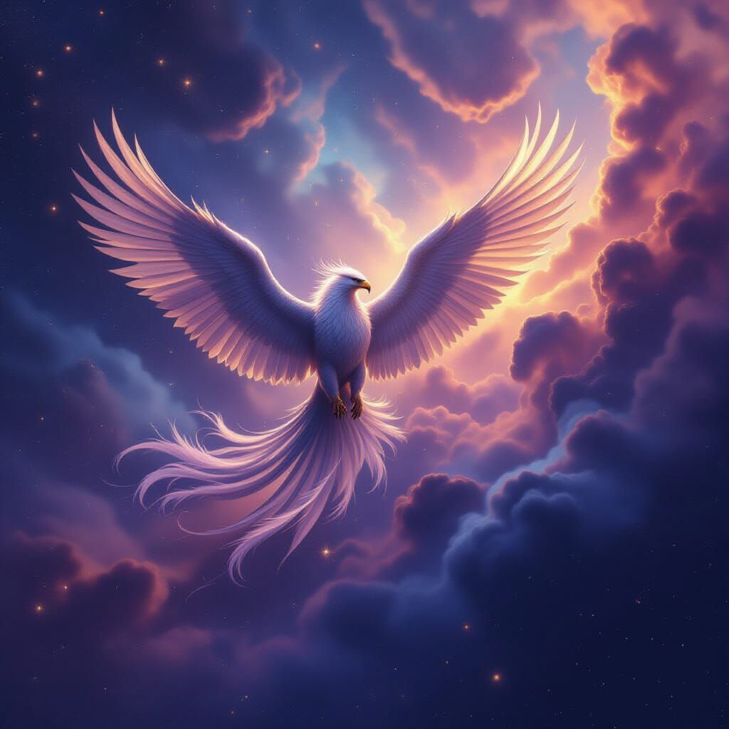 Majestic Griffin Soars Through Cosmic Nebula in Fantasy Art