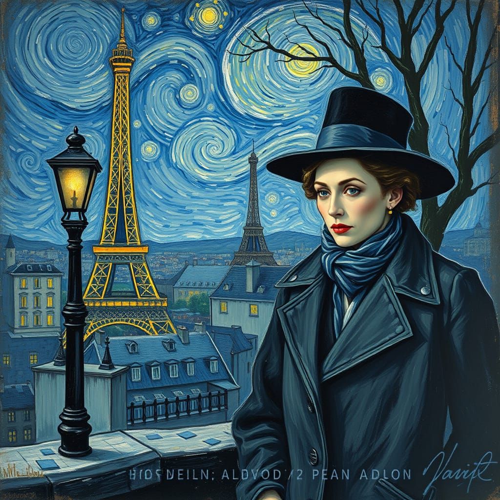 Romantic Parisian Couple in Van Gogh Style