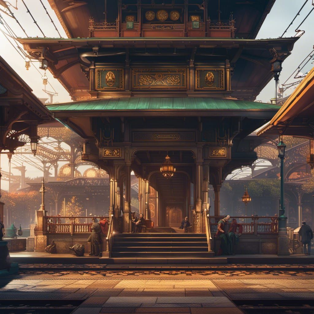 Pagoda Train Station Concept Art in Art Nouveau Style