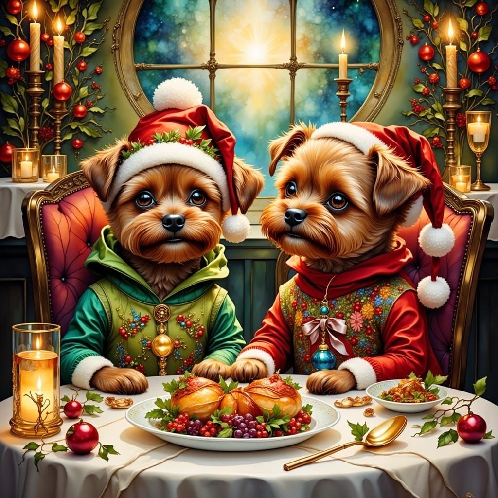Brussels Griffon Puppies Enjoying a Holiday Meal