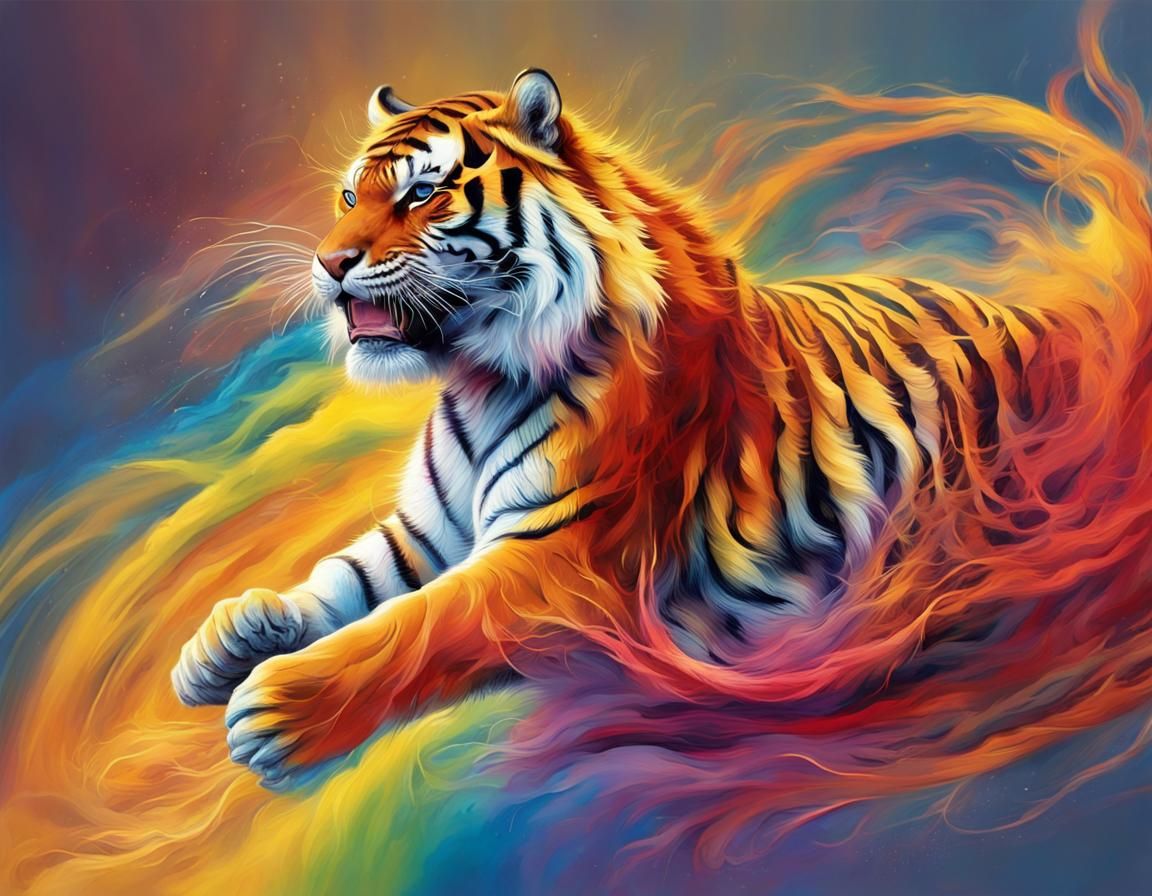 Rainbow Tiger in Motion: A Dance of Color