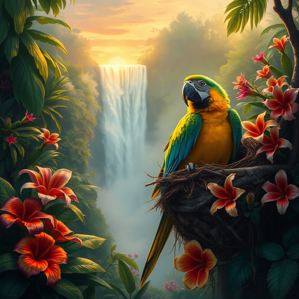 Macaw's First Flight: Jungle Oil Painting