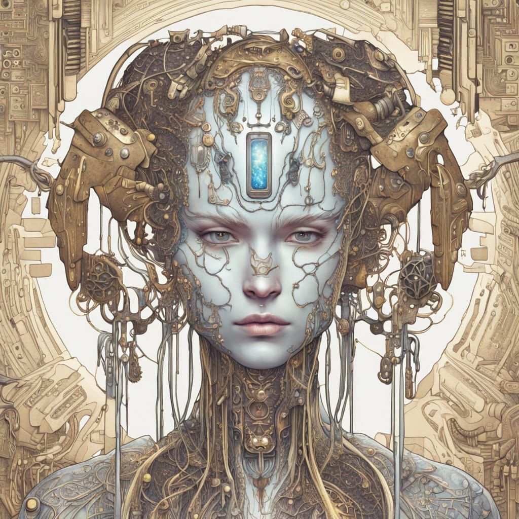 Weeping Android Draped in Astral Circuitry