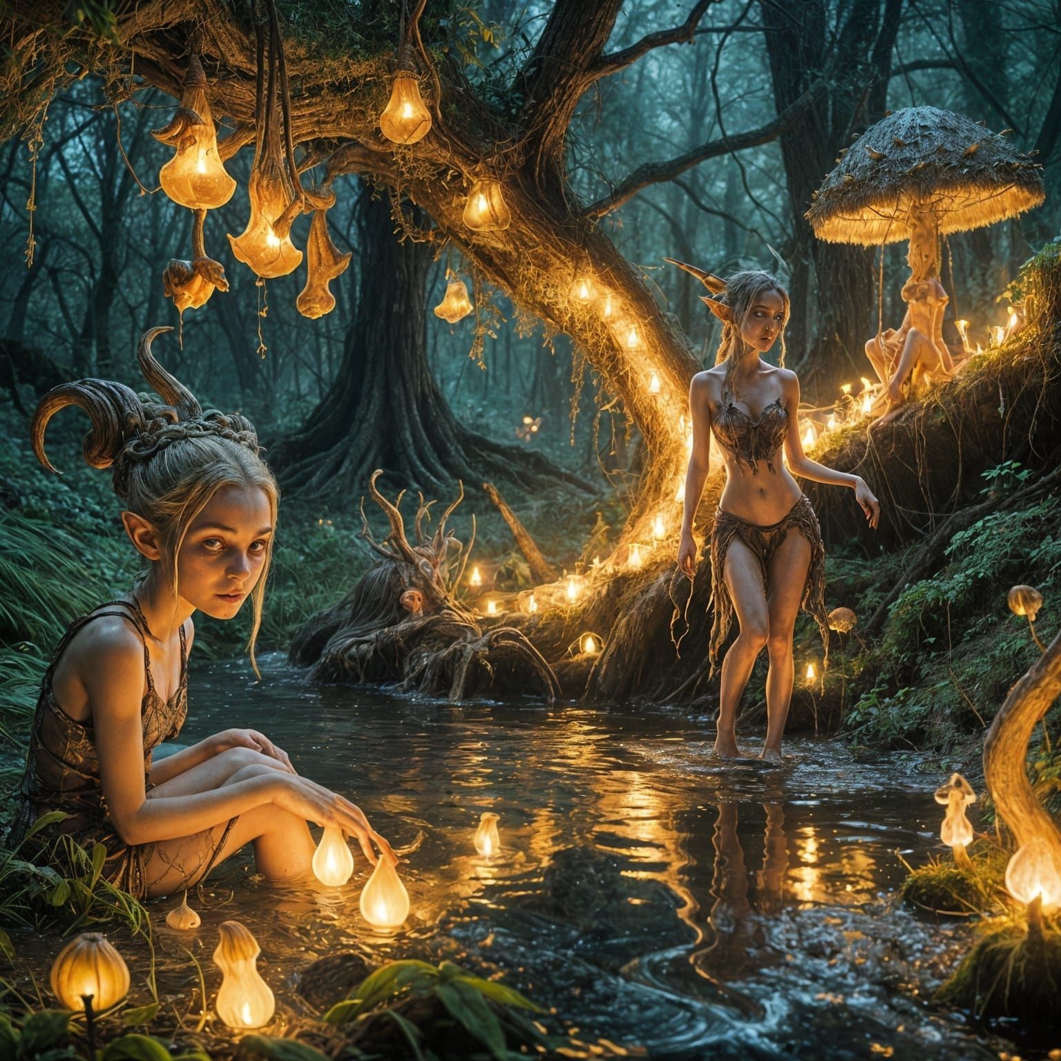 Ethereal Elven Siblings Dance in Dark Forest