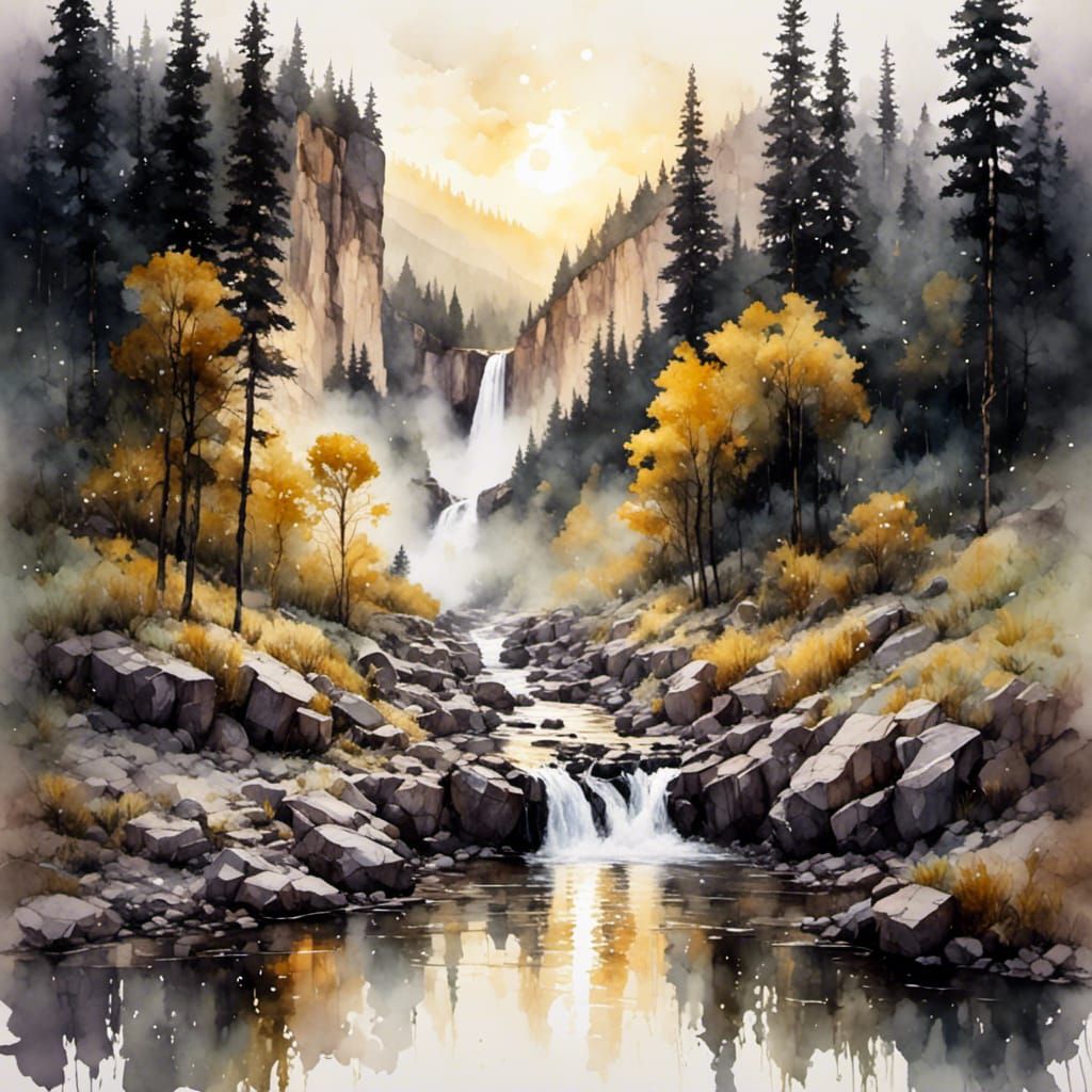 Waterfall Over Moraine at Dawn in Antique Watercolor