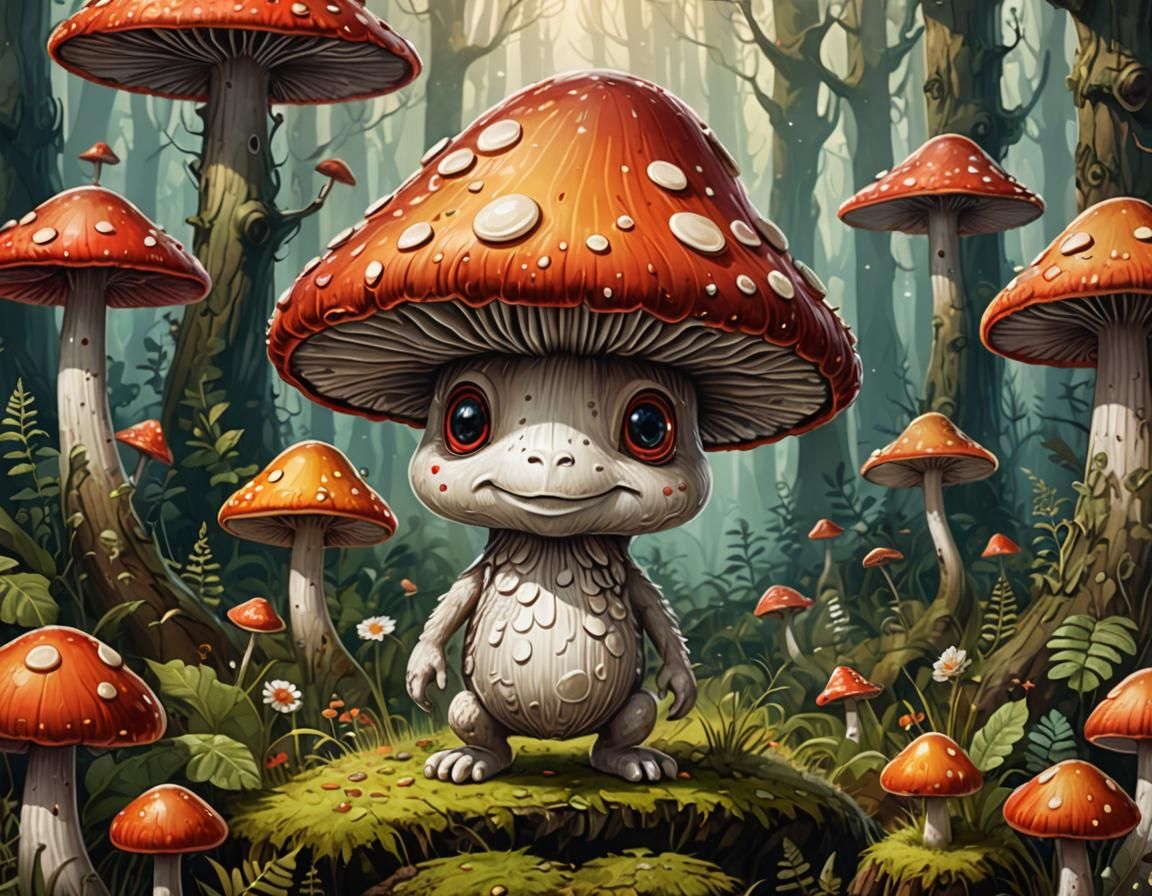 Whimsical Mushroom Creature in Magical Forest Illustration