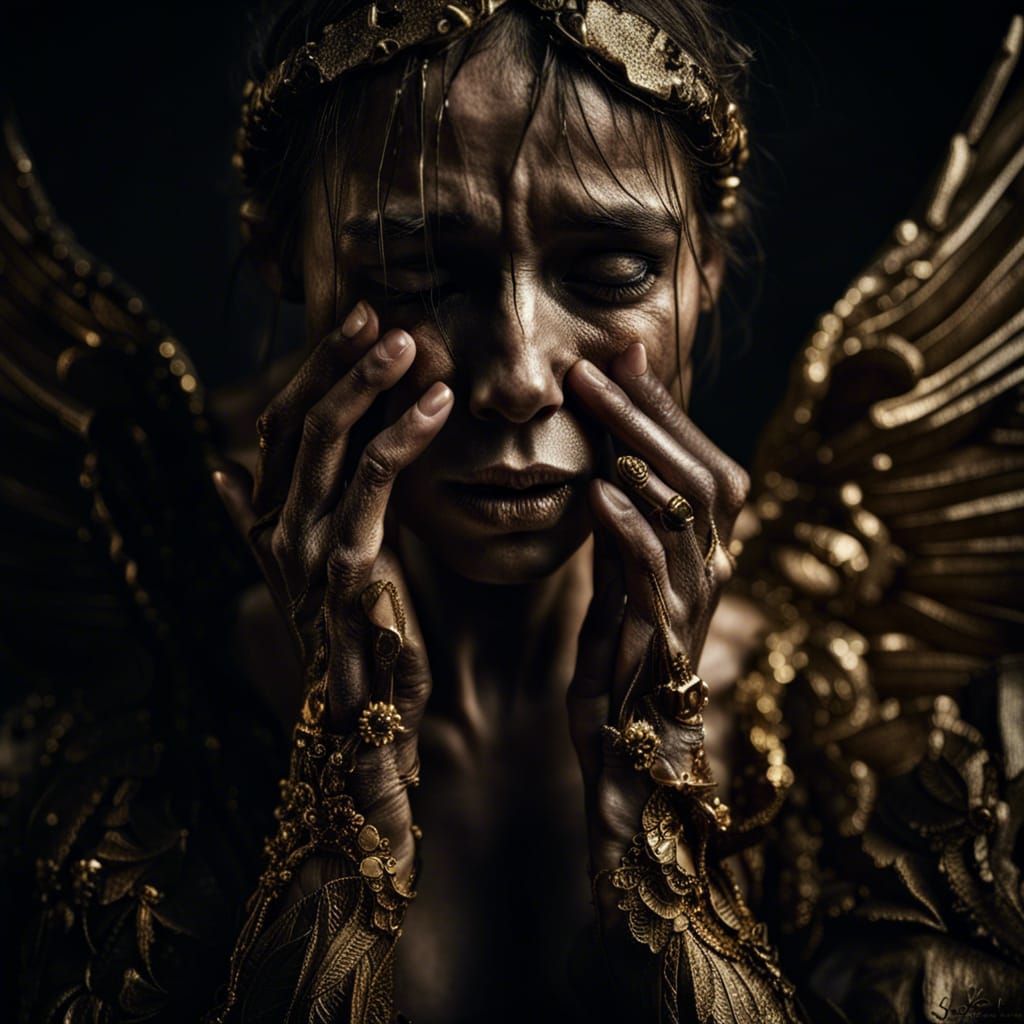 Golden Angel Weeping Portrait in Ambient Light