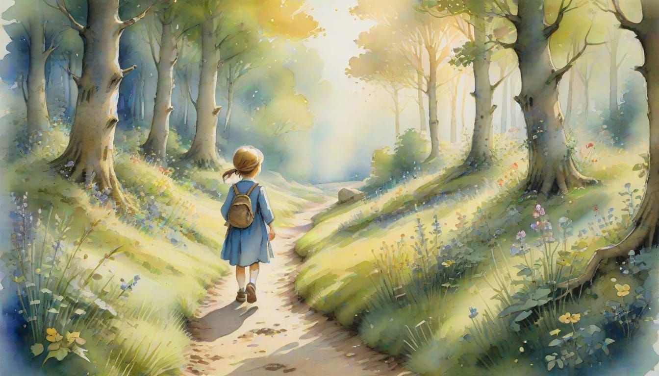 Child on Stardust Trail in Sunlit Forest, Watercolor Style