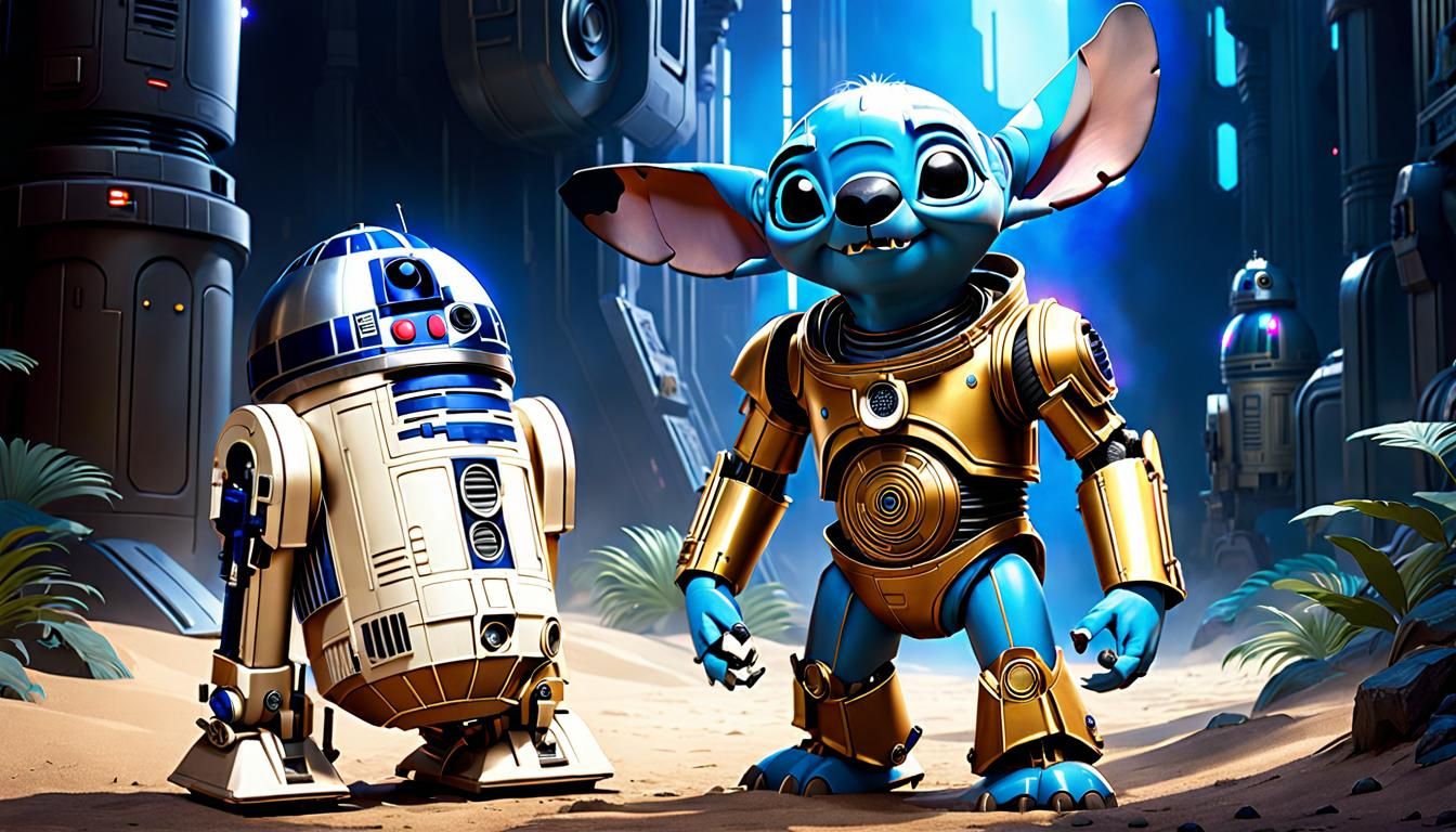 Stitch dressed as C3P0 with R2D2