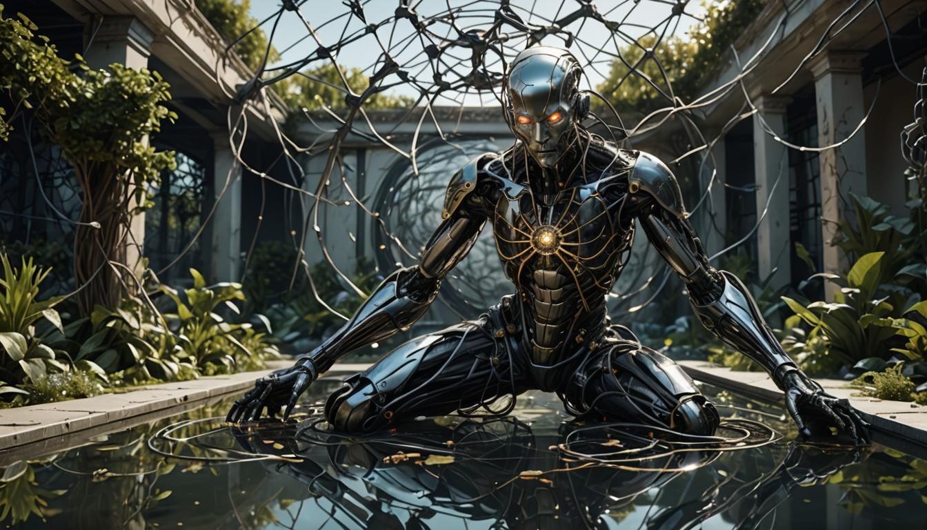 Terrifying AI Consciousness in Brutalist Garden