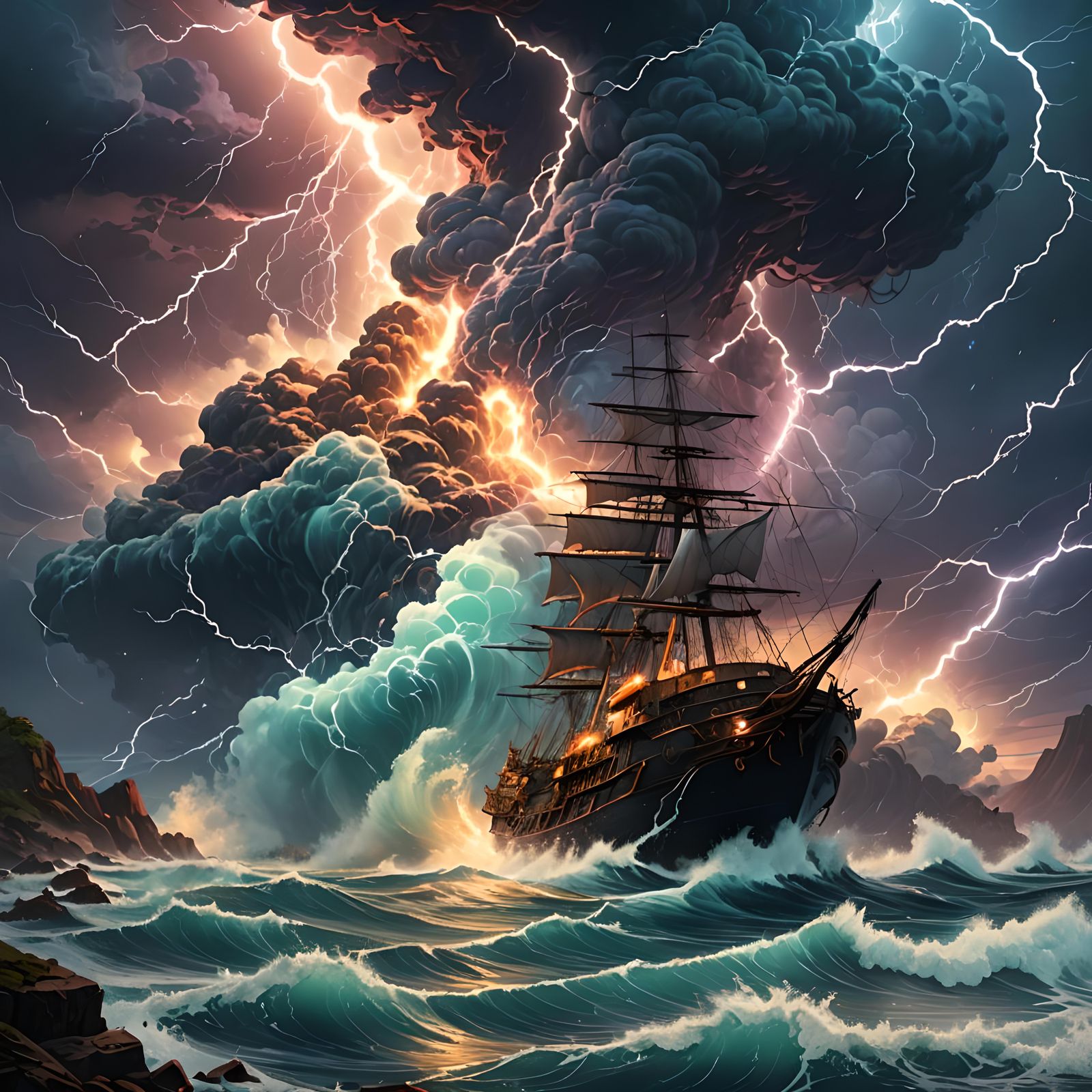 Volumetric Lightning Over Ocean Maelstrom
