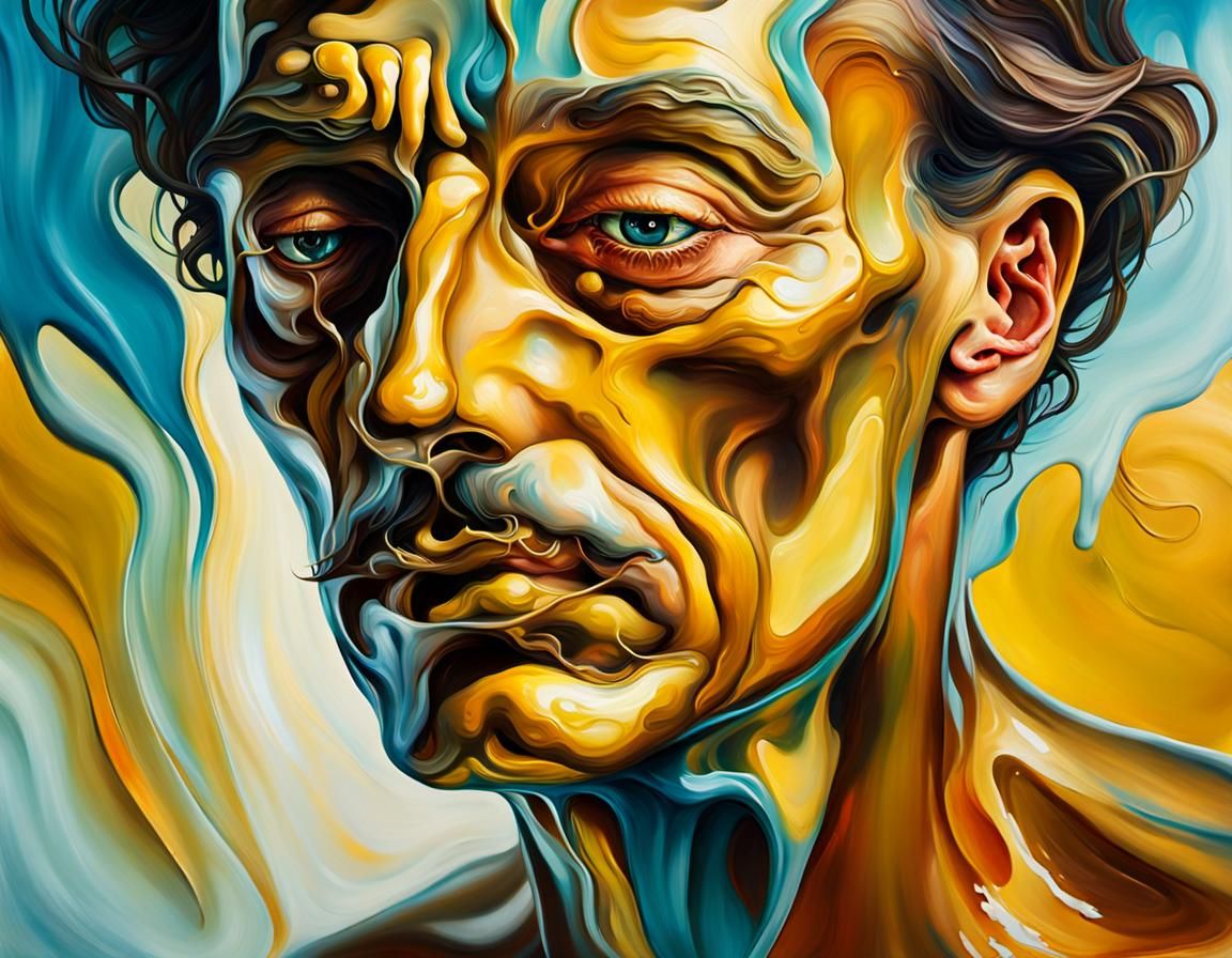 Surreal Melting Face in Dreamlike Oil Painting