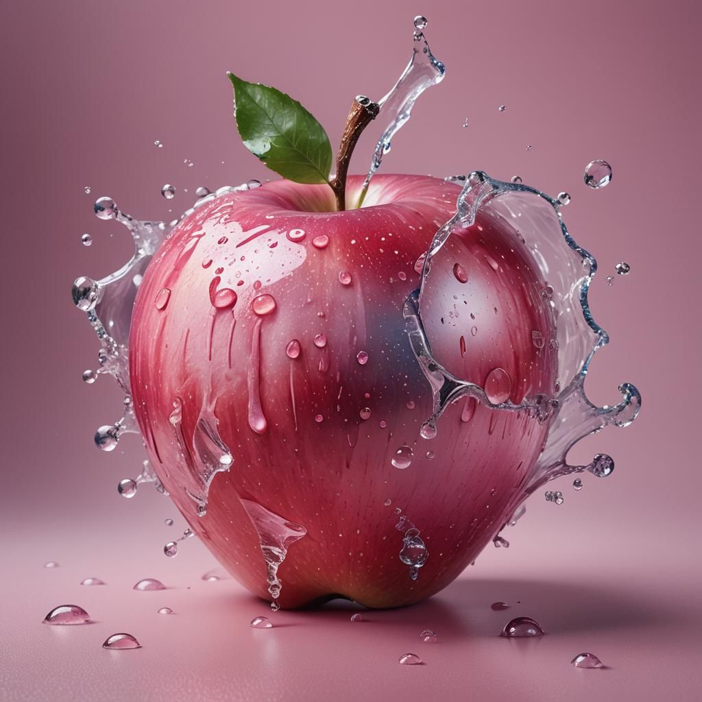 Giant Pink Apple with Frozen Glow: Hyperrealistic Splash Art