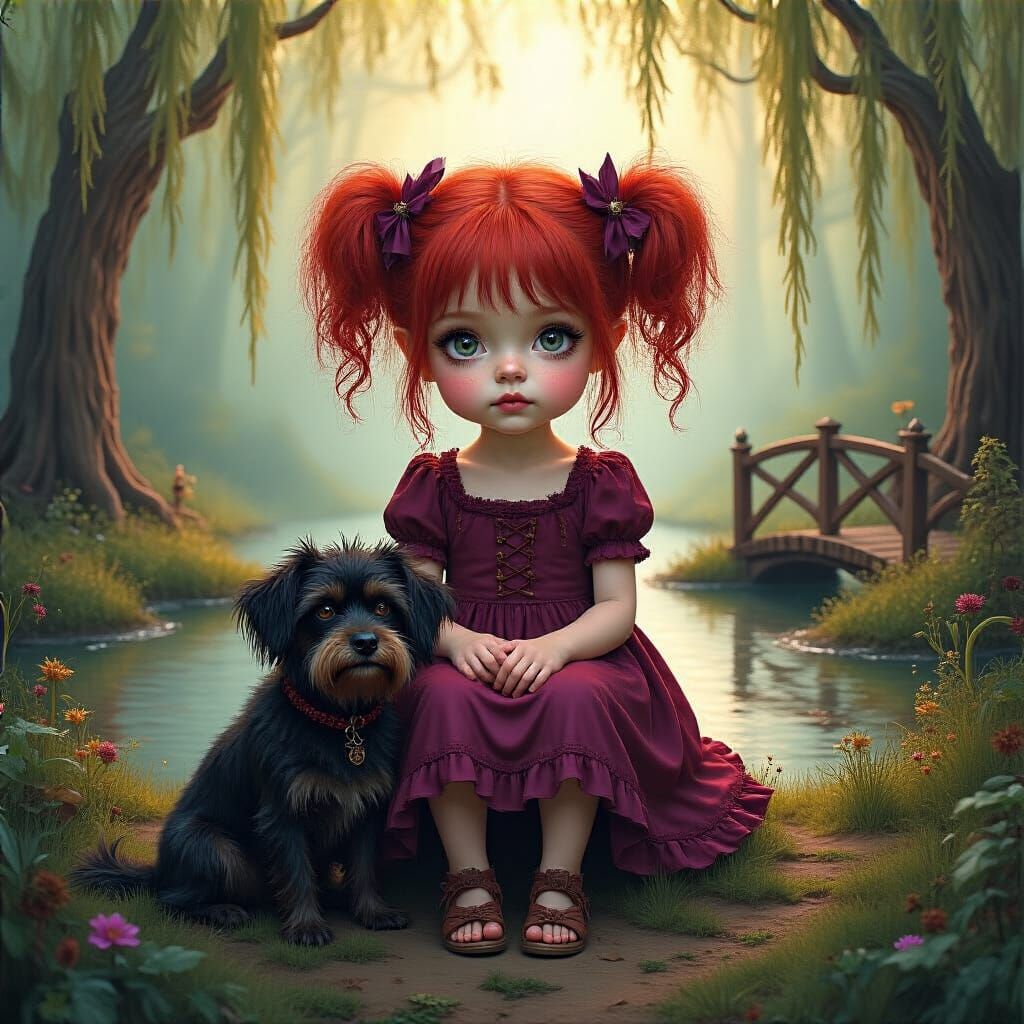 A whimsical oil painting of a little bohemian red hair girl in a burgundy fairy hair in pigtails, with her scruffy black...