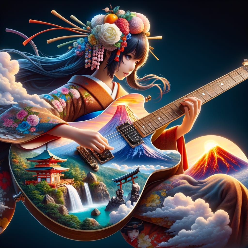 Anime Geisha Shreds on Volcanic Guitar