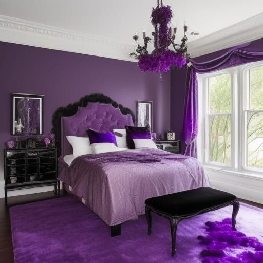 Ethereal Gothic bedroom with purple walls& ethereal black gothic Windows with vibrant purple Gothic curtains& ethereal p...
