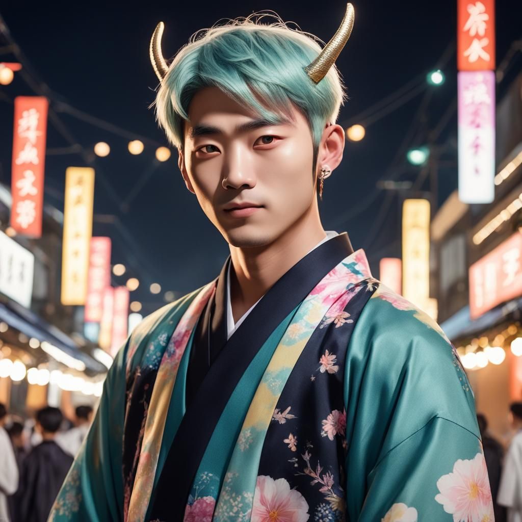 Korean Elf at Night Festival in Anime Style