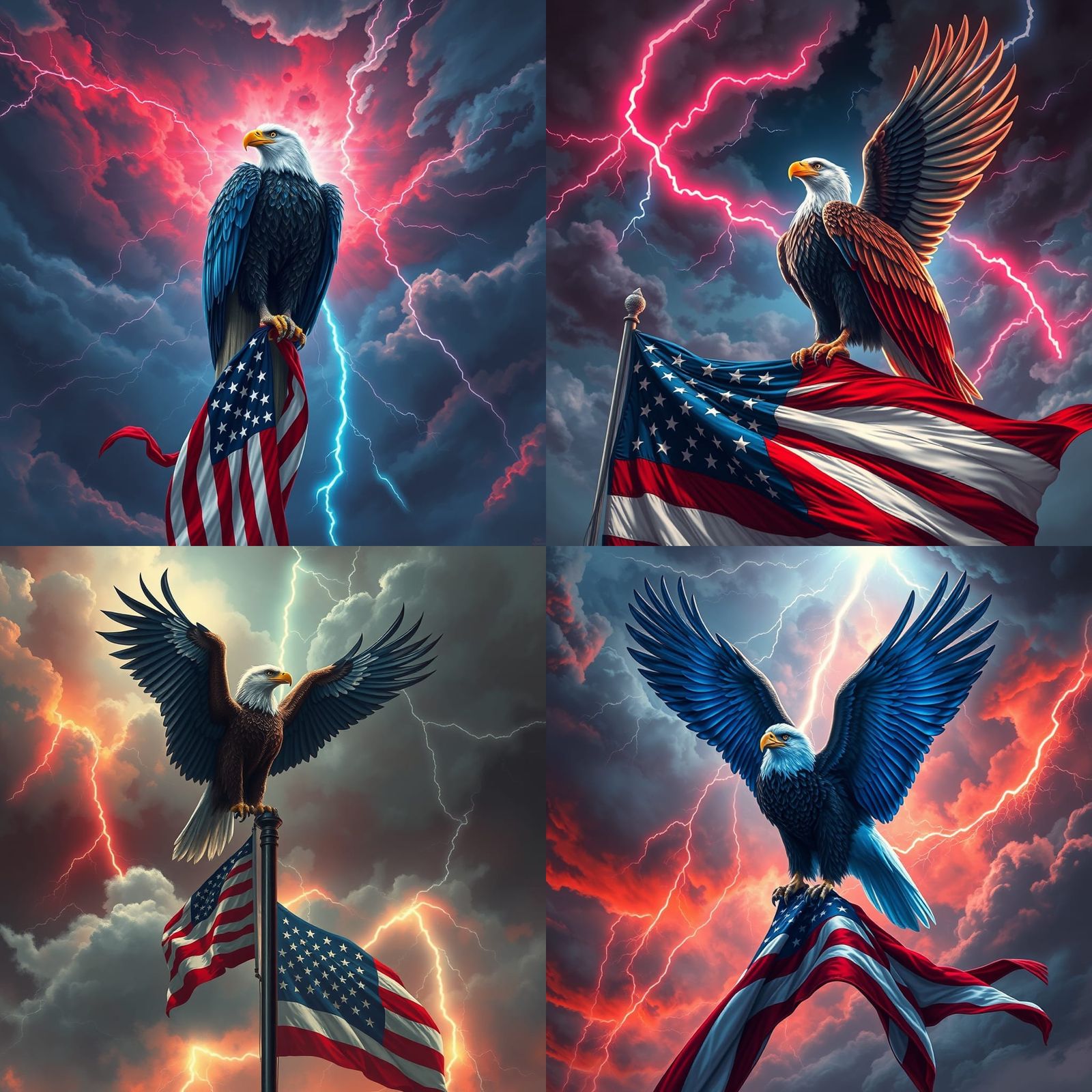 Electric Bald Eagle Perched Above American Flag