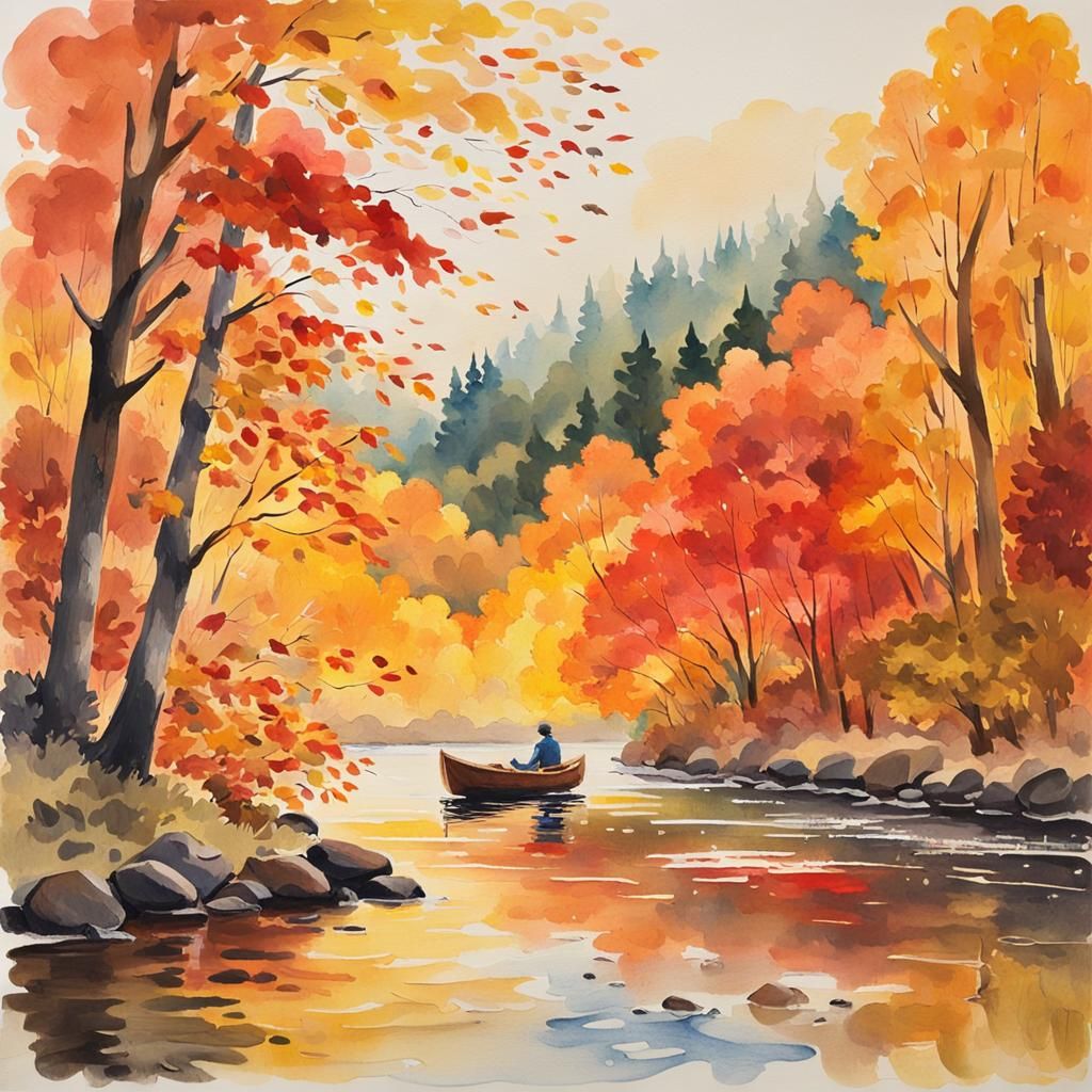 Autumn River Forest in Impressionist Gouache Watercolor