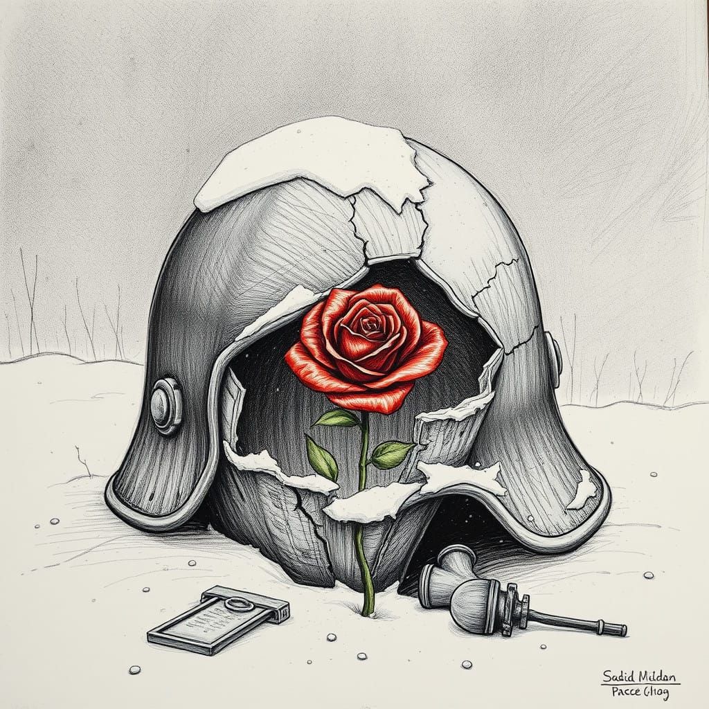 Surreal Red Rose Grows from Cracked Army Helmet in Winter Sc...