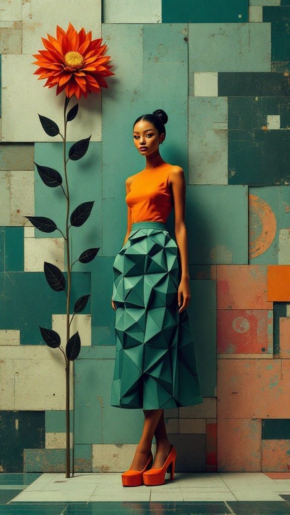 Surrealist Figure Emerges from Geometric Dreamscape